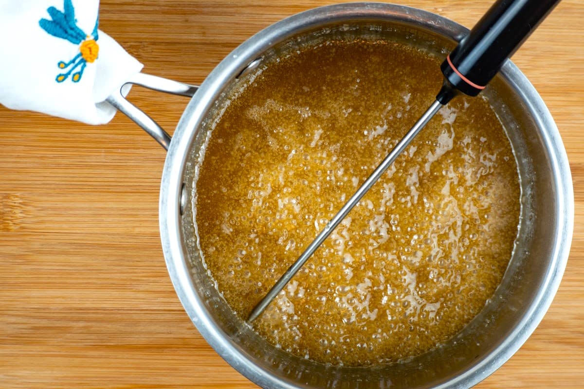 How to Make Pralines Step 4 Caramel in saucepan.