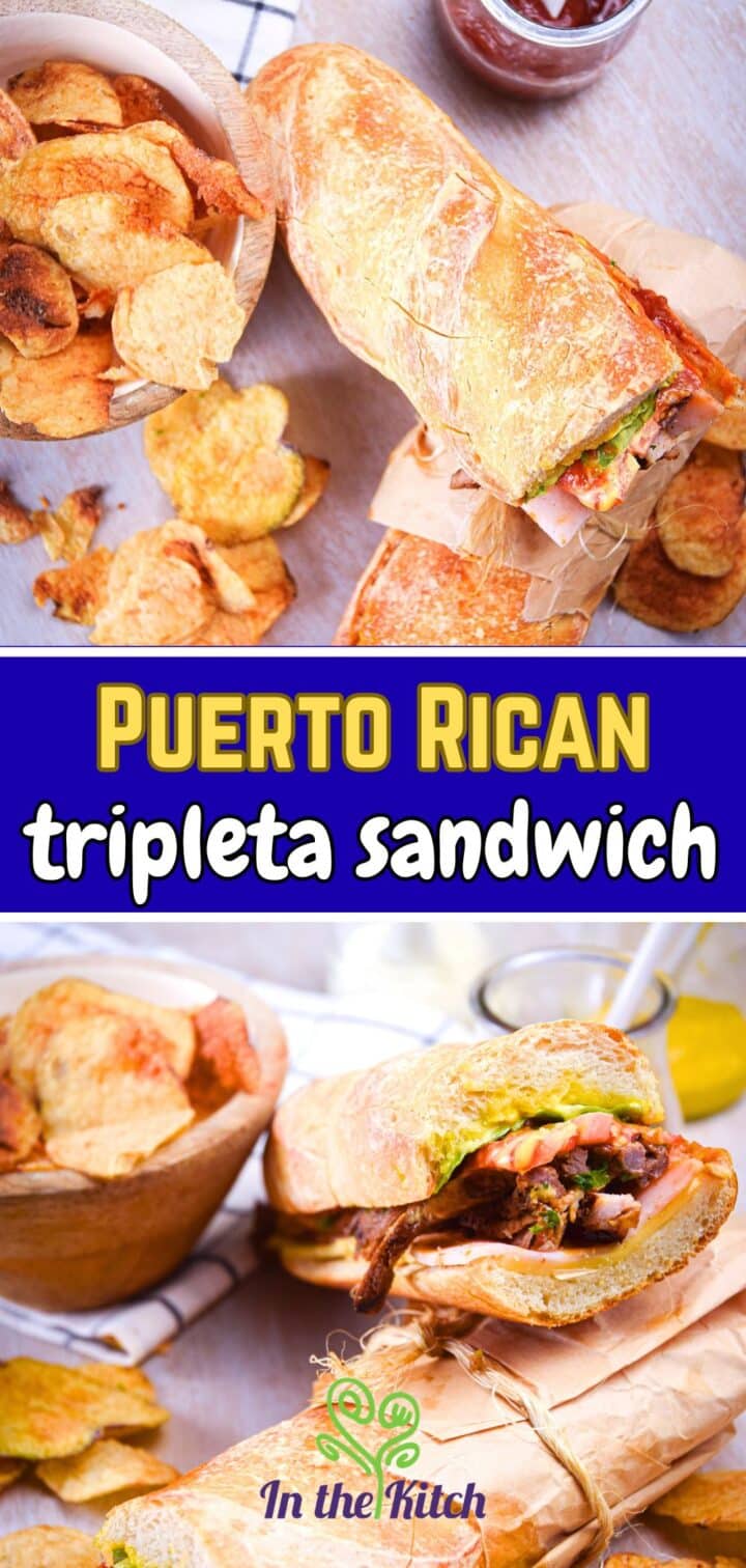 Images of tripleta sandwiches with text overlay that says 'Puerto Rican Tripleta Sandwich'.