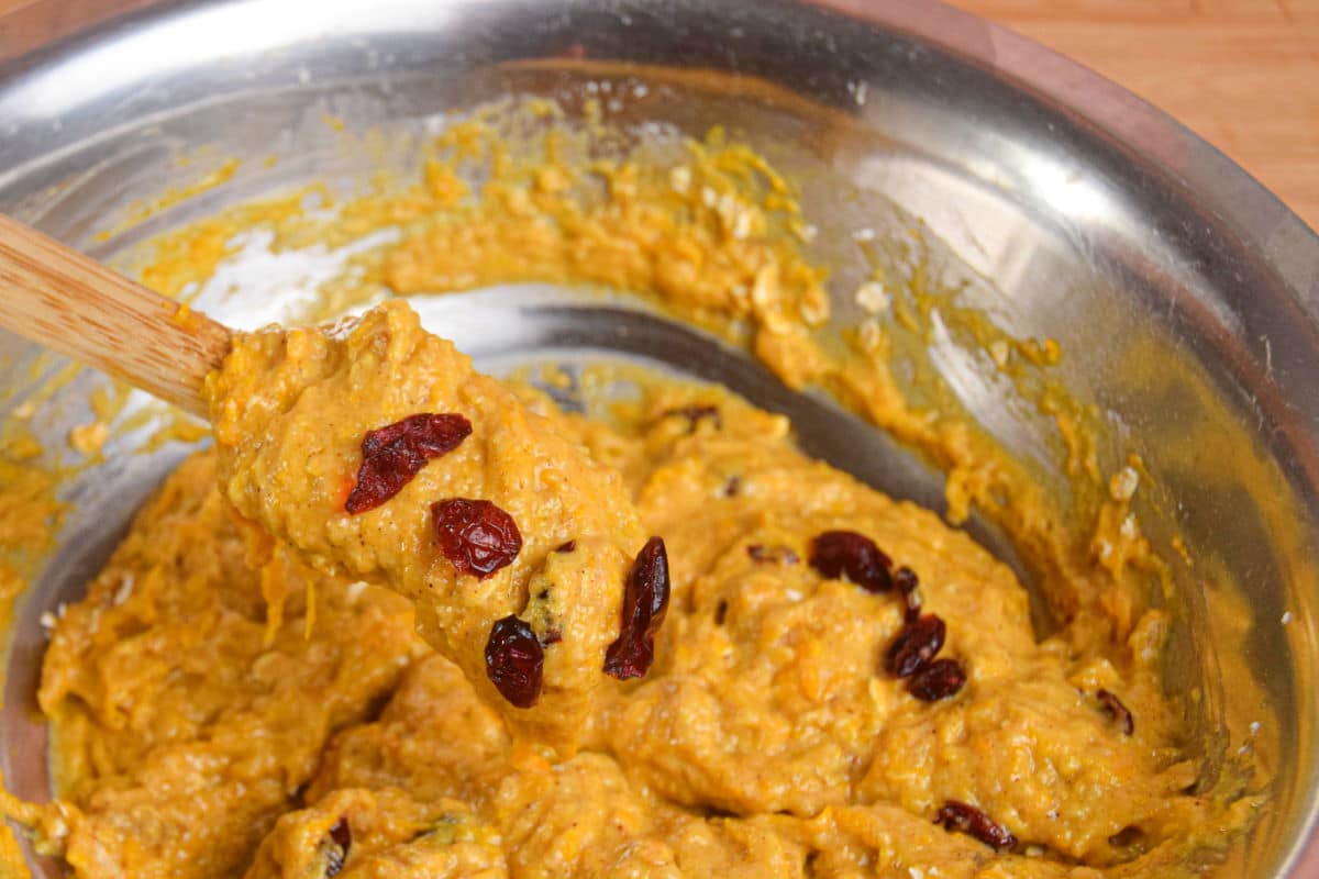 Pumpkin muffin batter in a bowl.