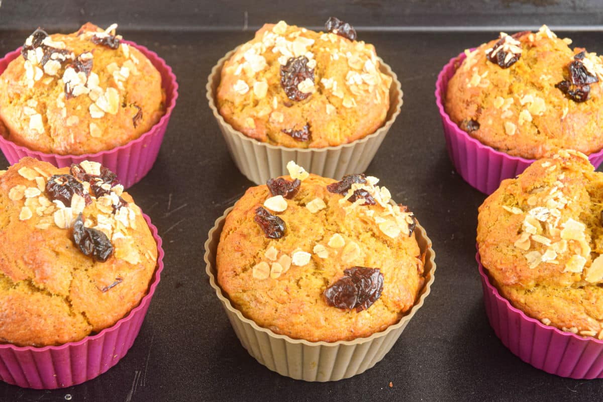 Pumpkin muffins in silicone muffin molds.