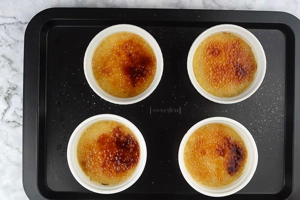 Crème Brûlée with burnt sugar topping in ramekins.