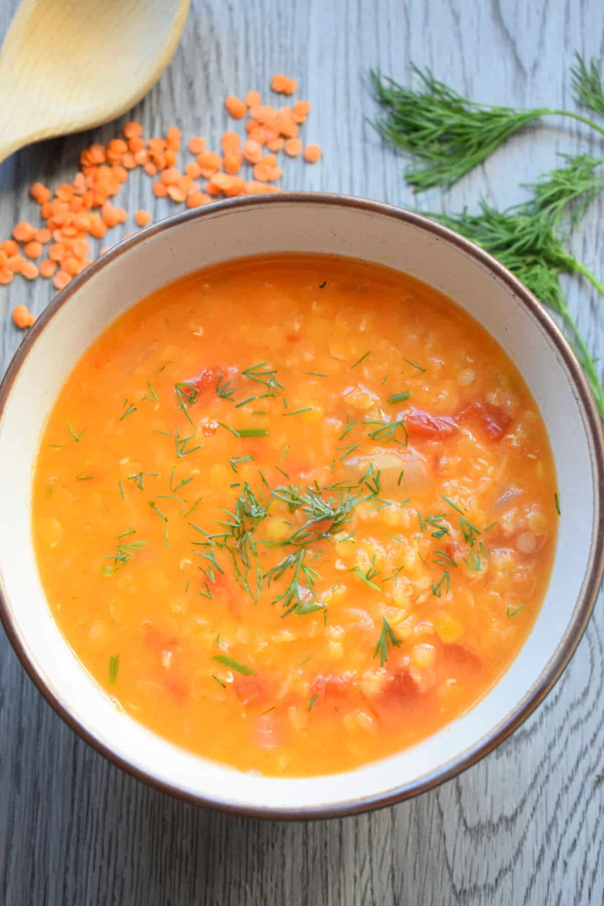 Red lentil soup in a bowl with fresh dill.