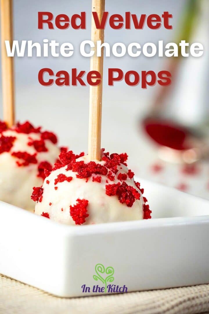 Red velvet cake pops in white dish.