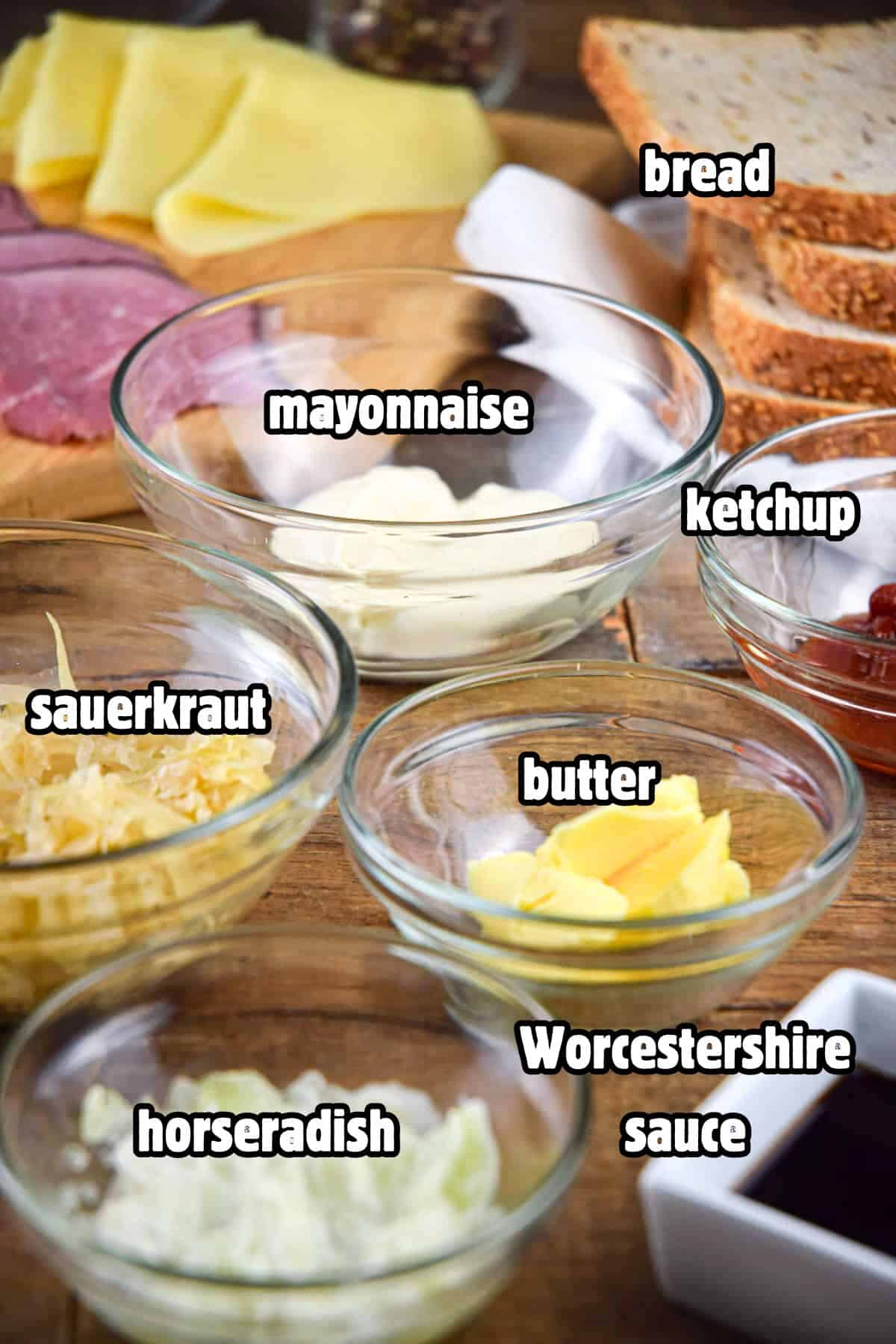 Reuben sandwich and Russian sauce ingredients prepped and labeled.