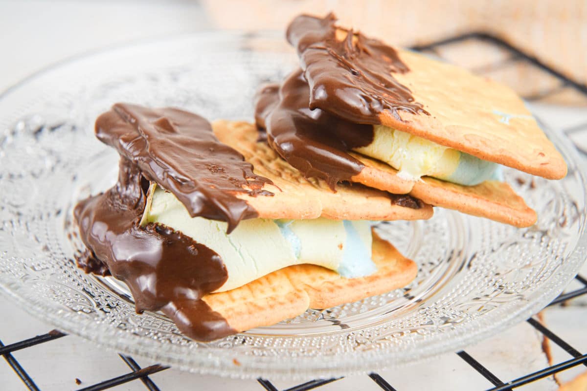 S'mores dipped in chocolate on a clear glass plate.
