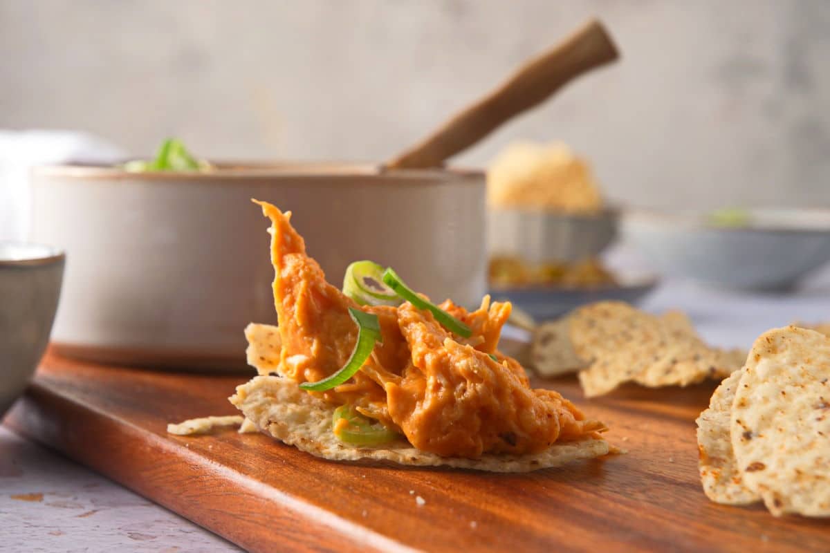 Buffalo chicken dip on a tortilla chip.