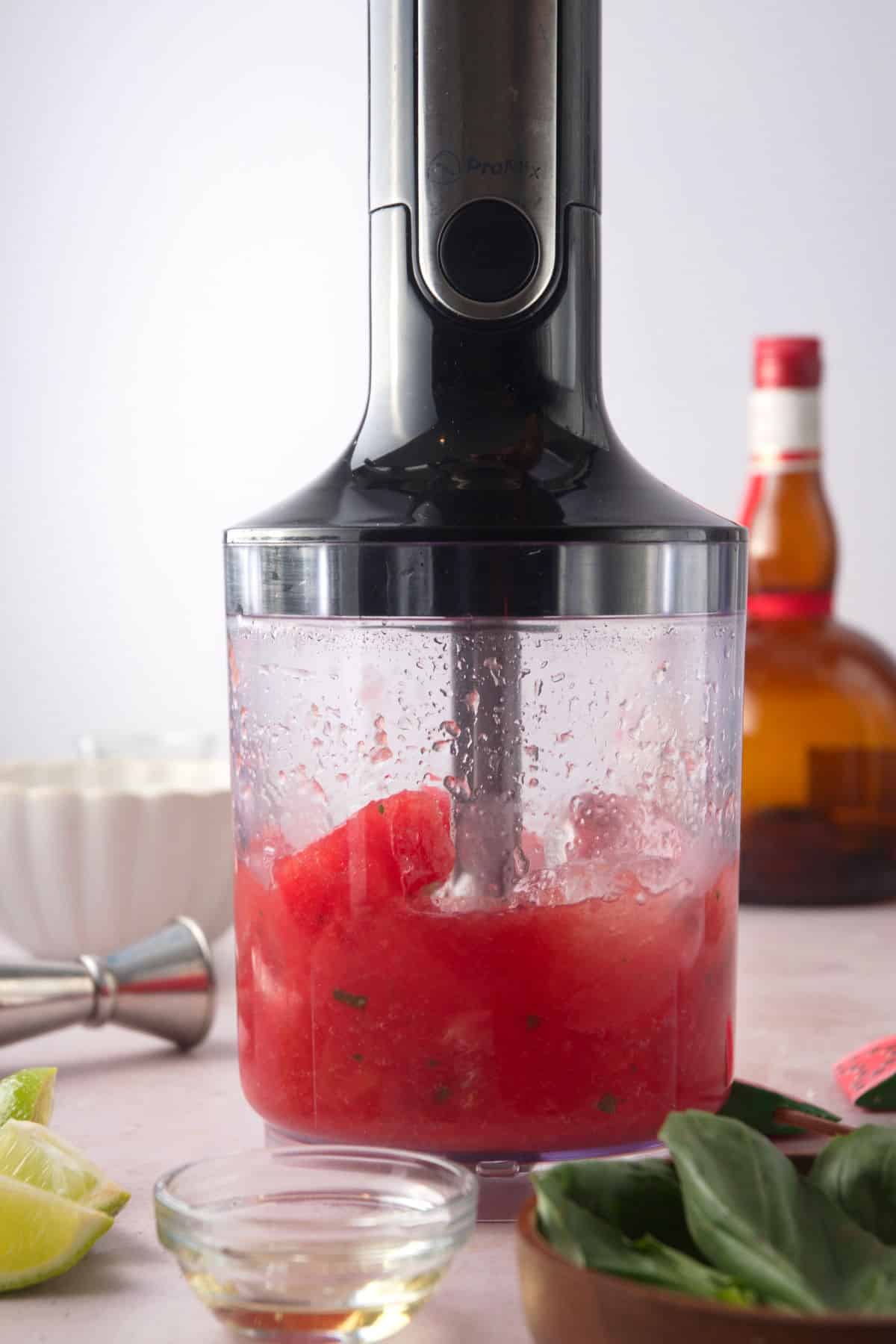 Watermelon cocktail blended in a blender.