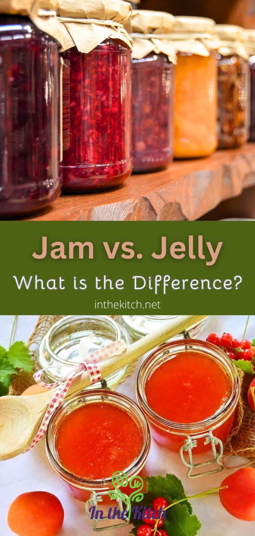 Jams lined up on a wooden shelf and in open jars with text overlay that says 'Jam vs. Jelly What is the difference?'.