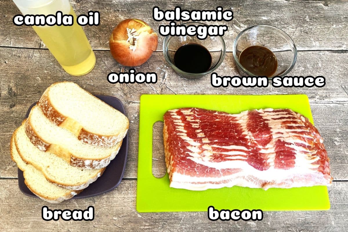 Bacon butty sandwich ingredients prepped and labeled.
