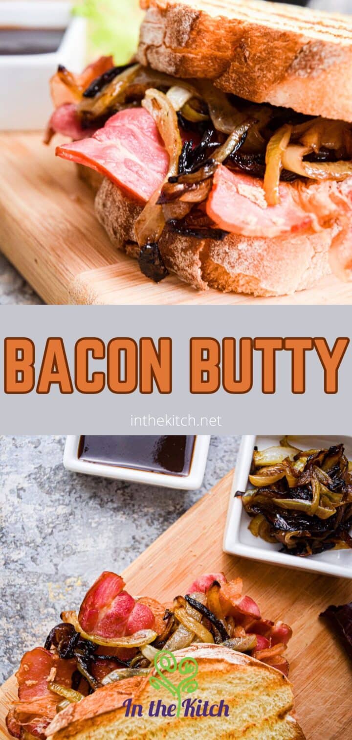 Bacon sandwich on serving board with text overlay that says 'bacon butty'.