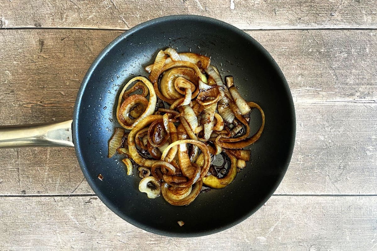 Caramelized onions in pan.