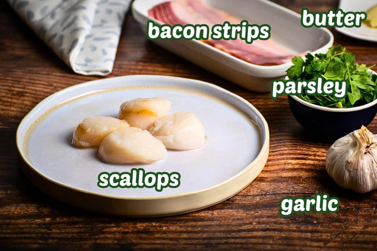 Bacon wrapped scallop ingredients prepped and labeled.