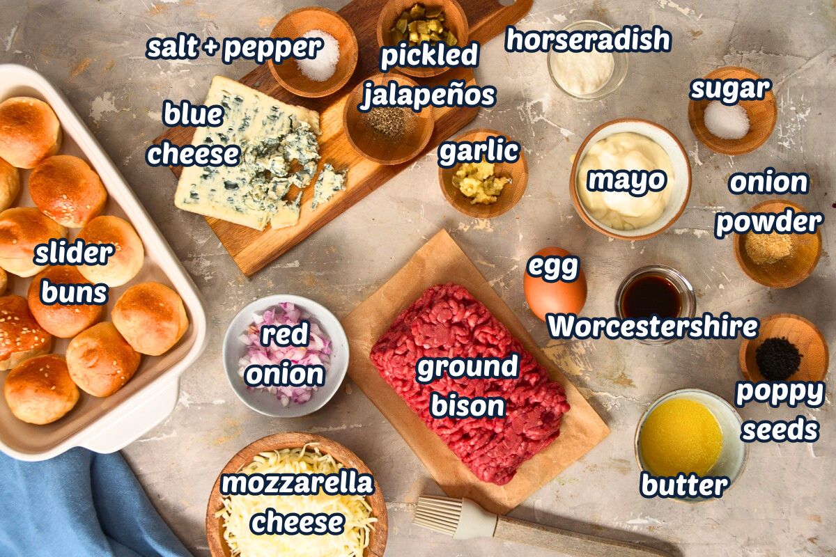Baked bison sliders ingredients prepped and labeled.