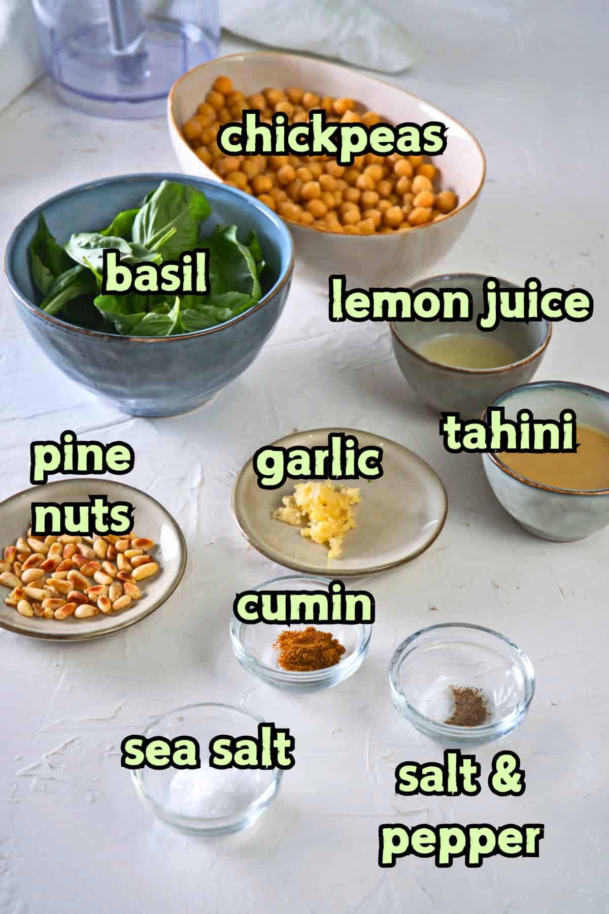 Basil hummus ingredients prepped and labeled.
