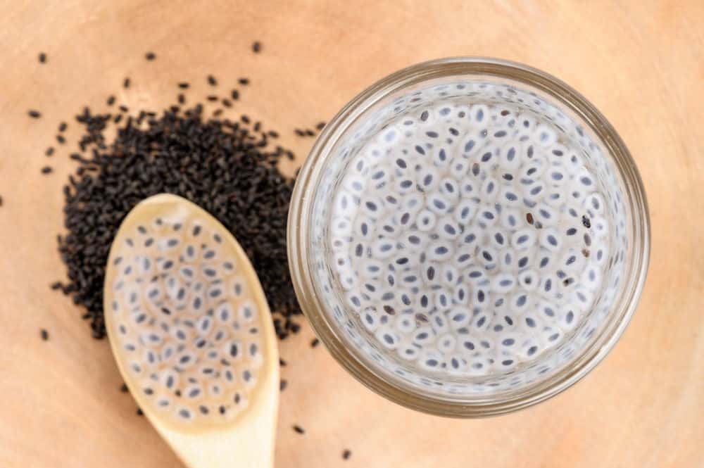 closeup of gelled sweet basil seeds in glass bowl