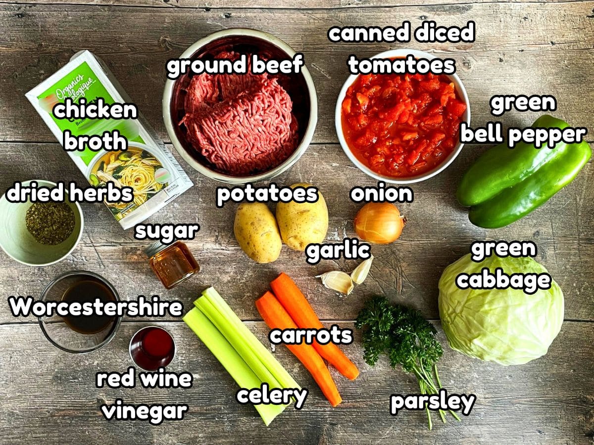Beef and cabbage soup ingredients labeled.