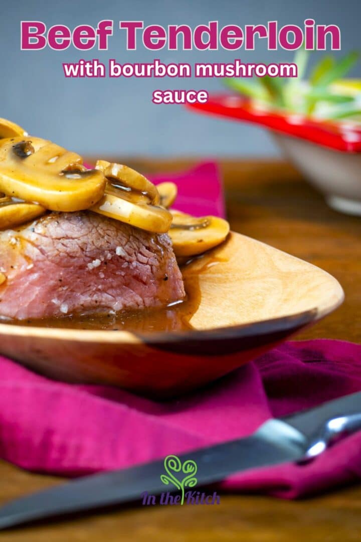Beef tenderloin covered in mushroom sauce.