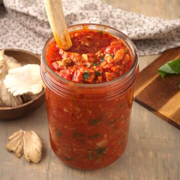Bison chanterelle mushroom meat sauce in jar.