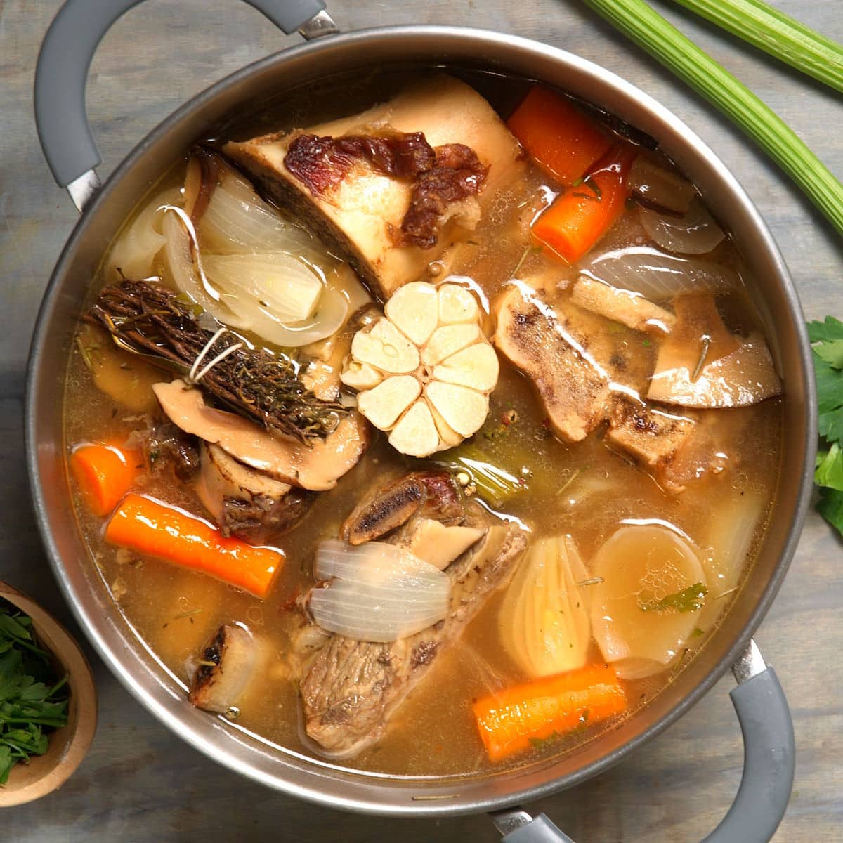 Bison bone broth in large pot.
