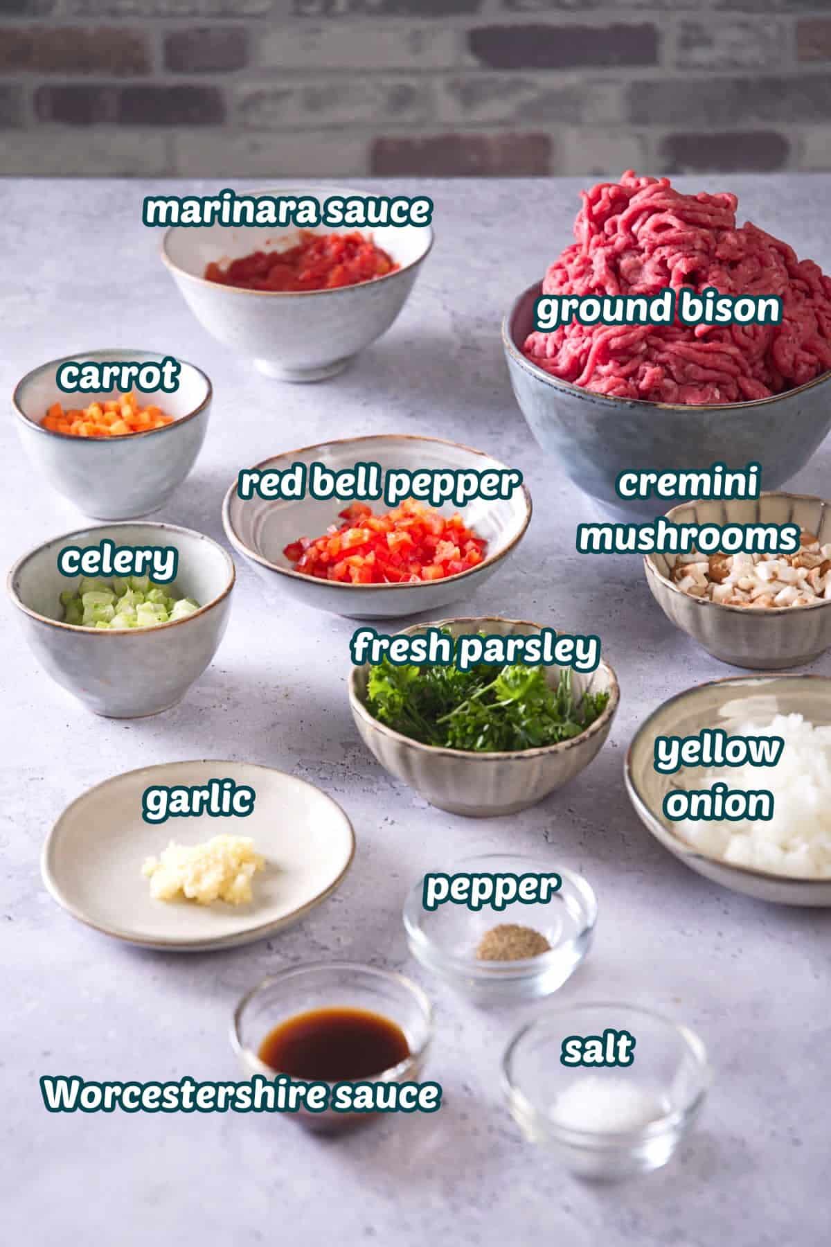 Bison meatloaf ingredients prepped and labeled.