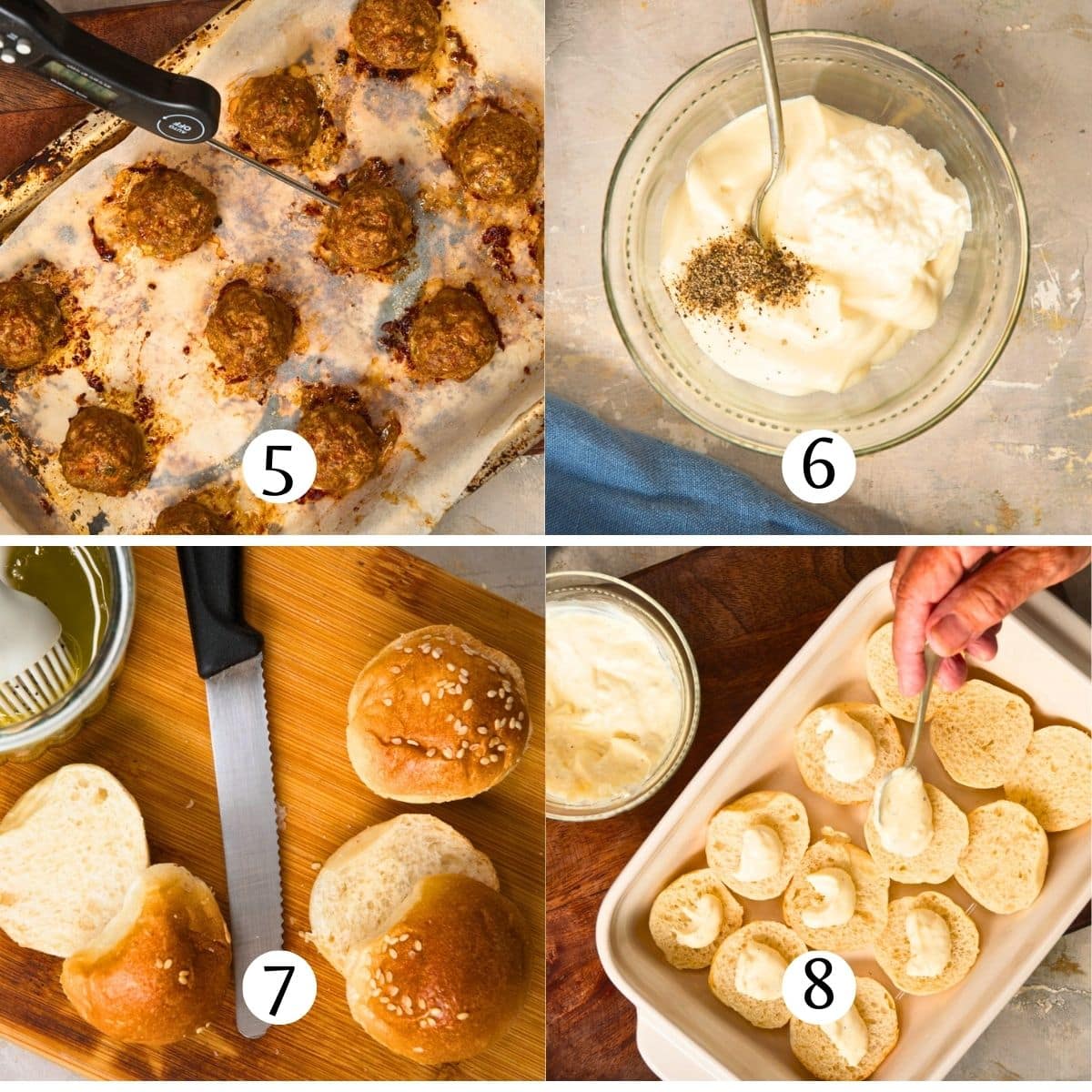 Bison sliders steps collage, baking the meatballs and cutting open the buns.