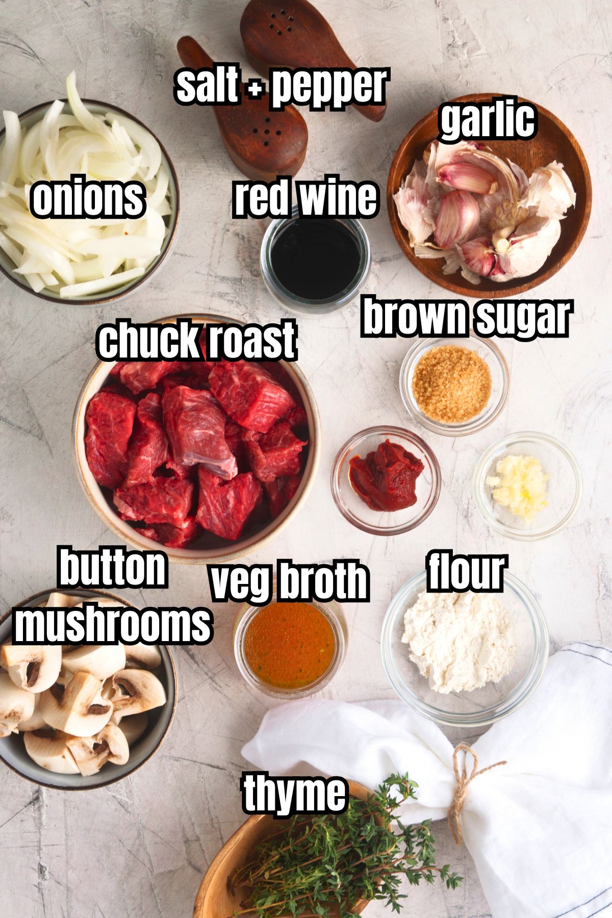 Bison stew ingredients labeled.