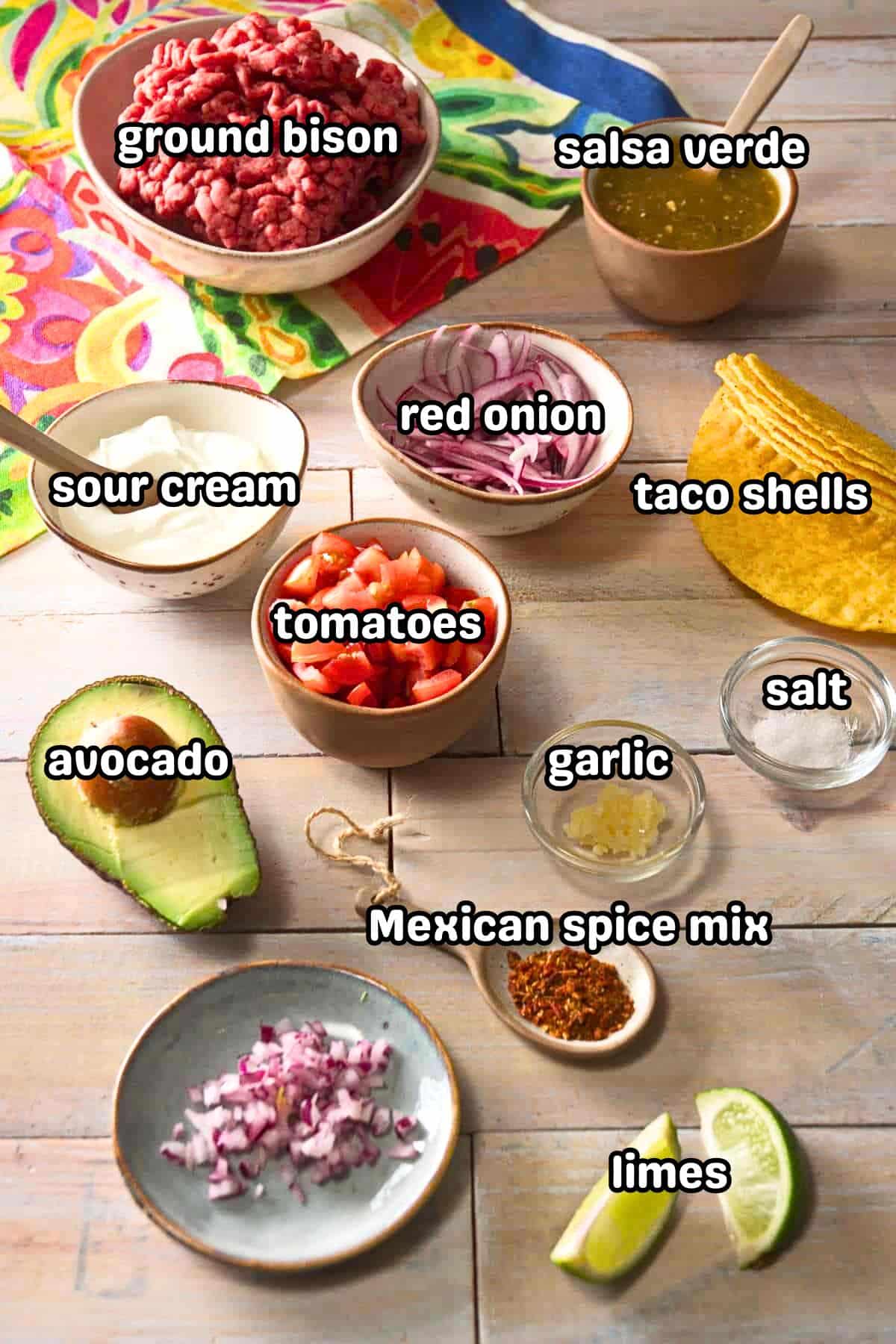 Bison taco ingredients prepped and labeled.