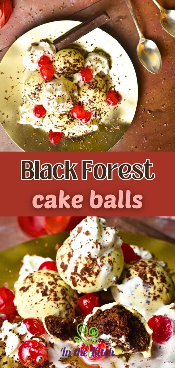 Black Forest cake balls with spoons on the side and text overlay that says 'black forest cake balls'.