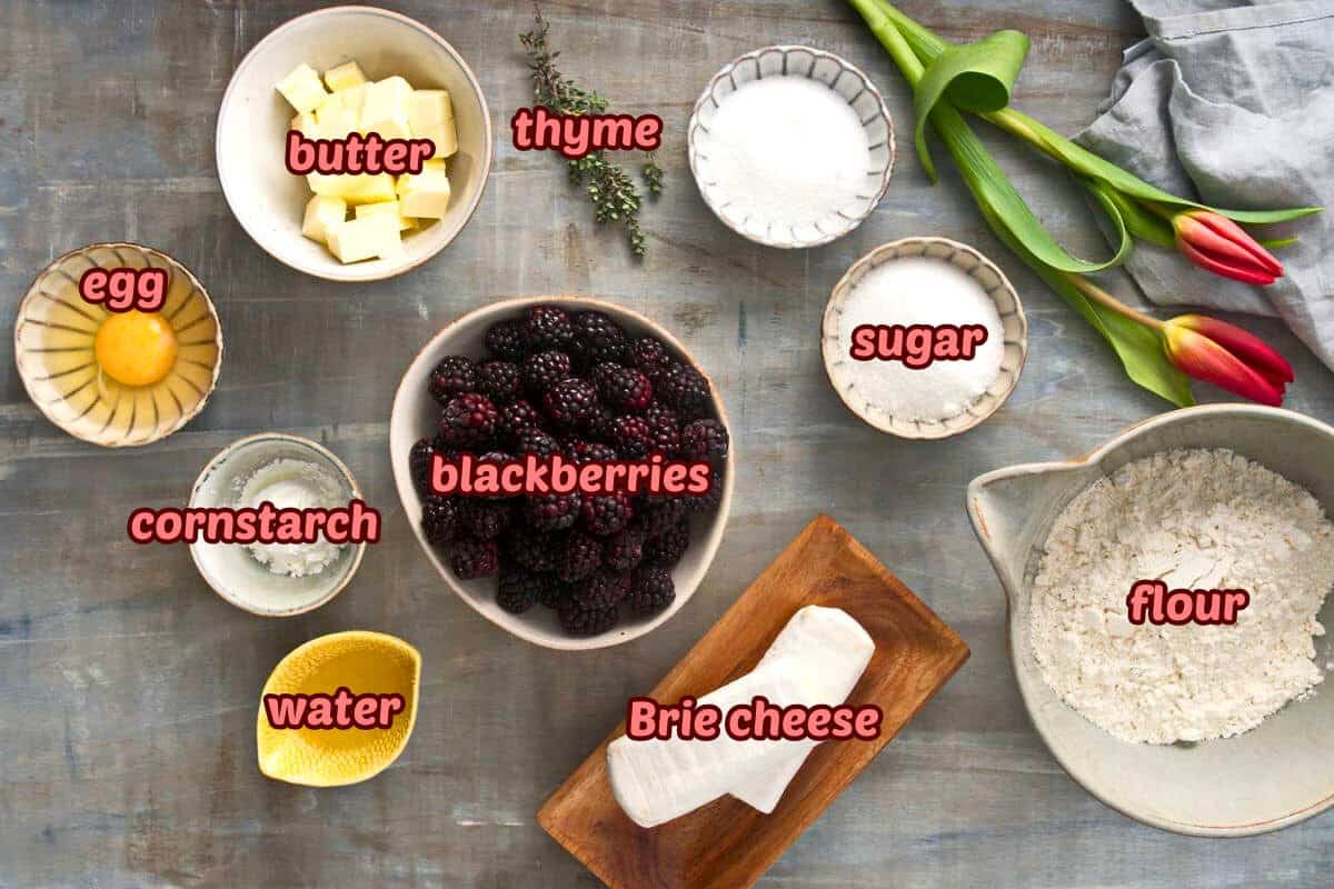 Blackberry galette ingredients prepped and labeled.