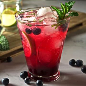 Blueberry mojito mocktail with fresh mint in cocktail glass.
