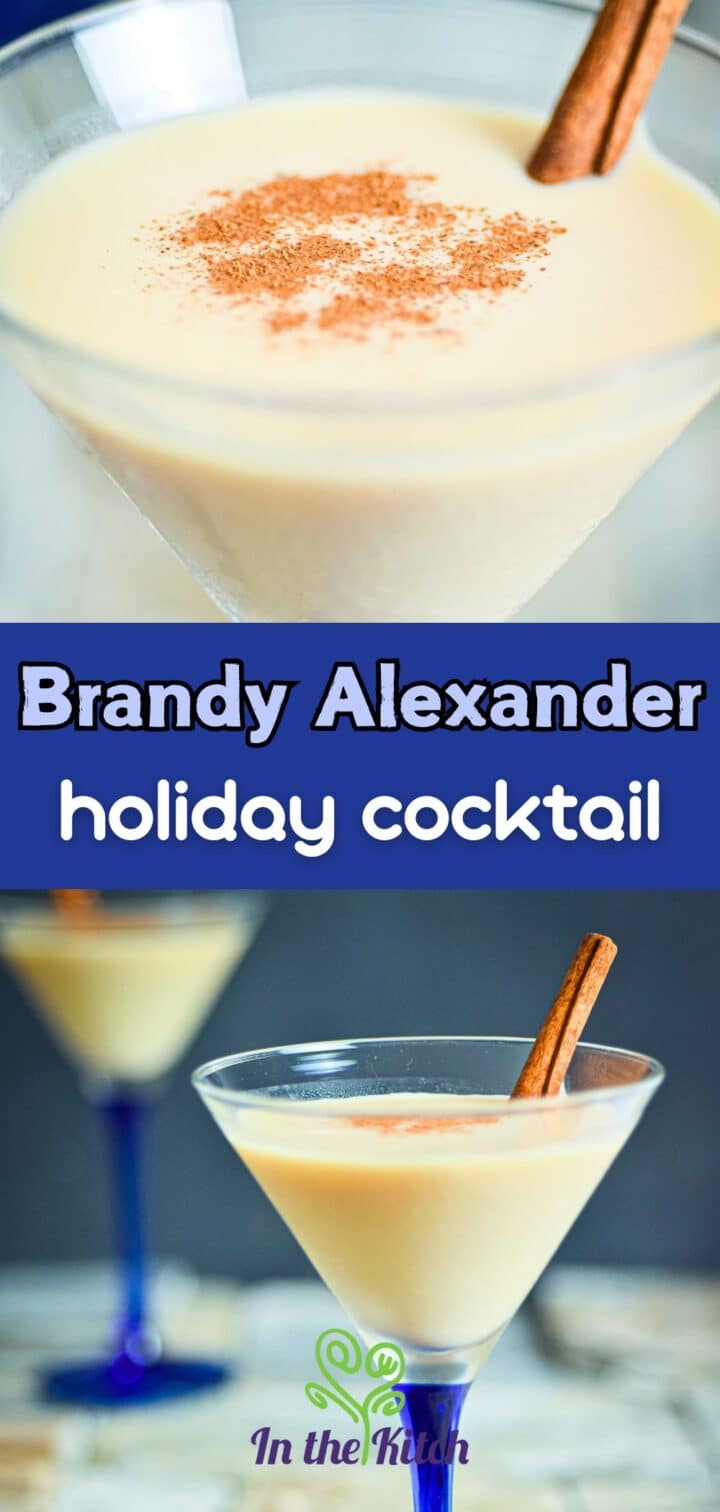 Brandy Alexander in martini glass with text overlay that says 'Brandy Alexander holiday cocktail'.