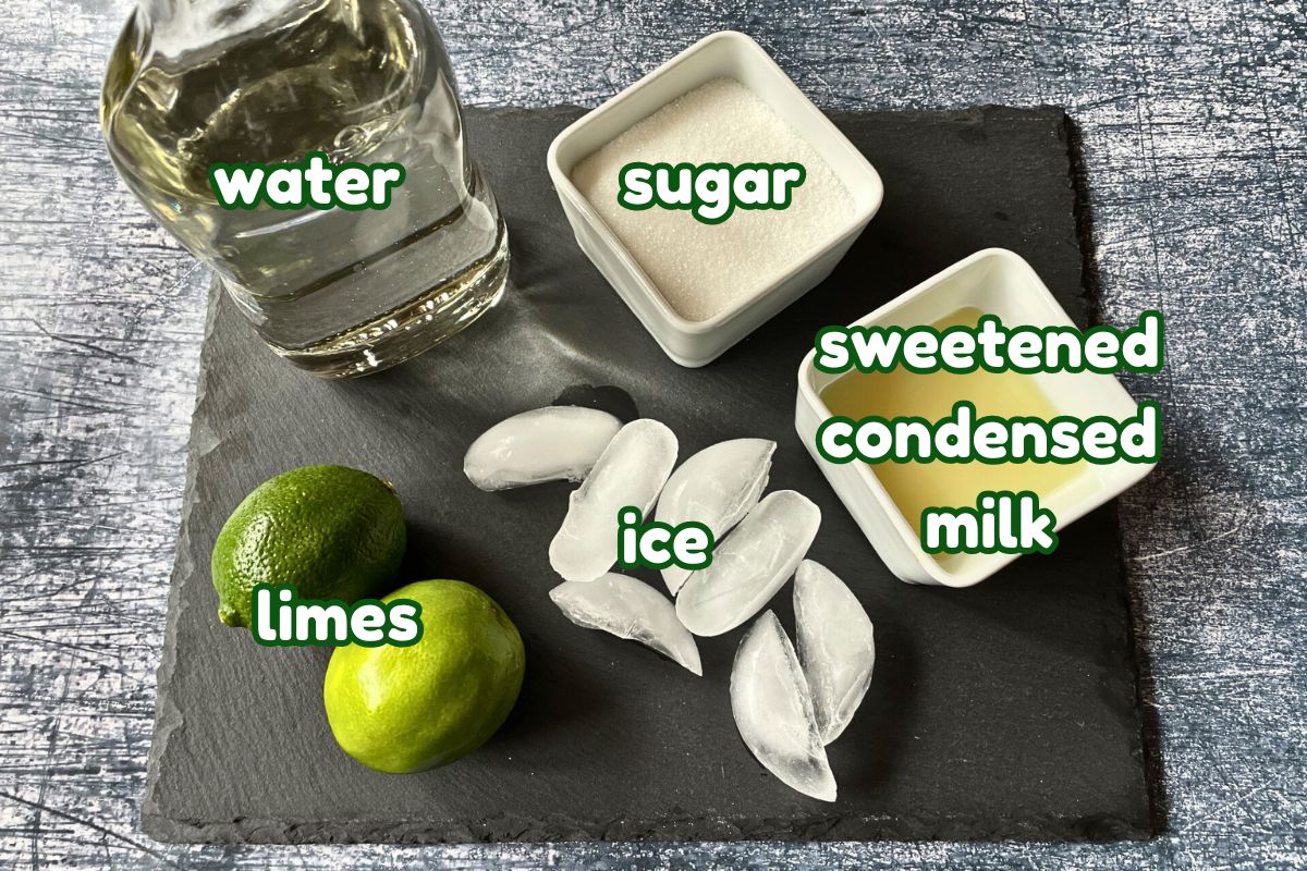 Brazilian lemonade (limonada suica) ingredients prepped and labeled.