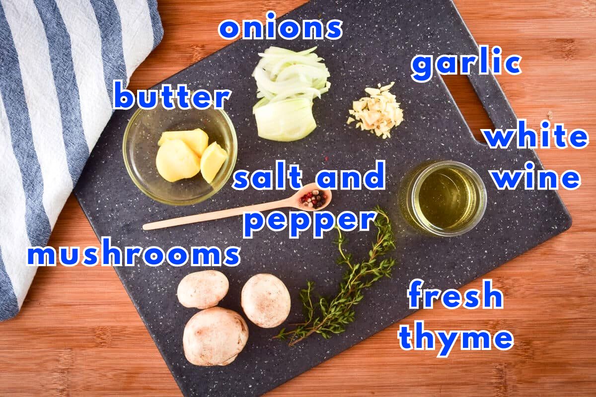 Sauteed mushrooms and onions ingredients prepped and labeled.