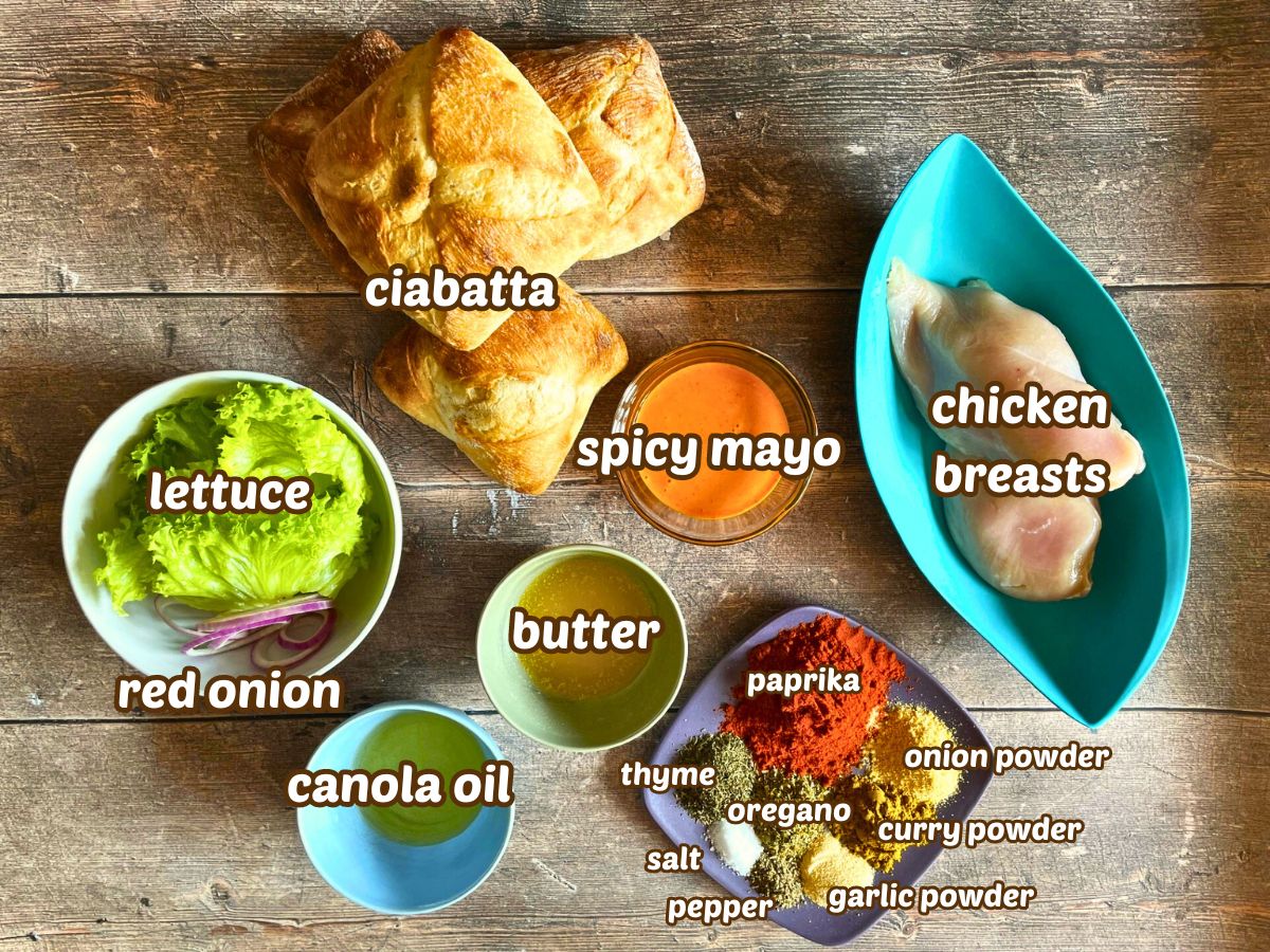 Cajun blackened chicken sandwich ingredients labeled.