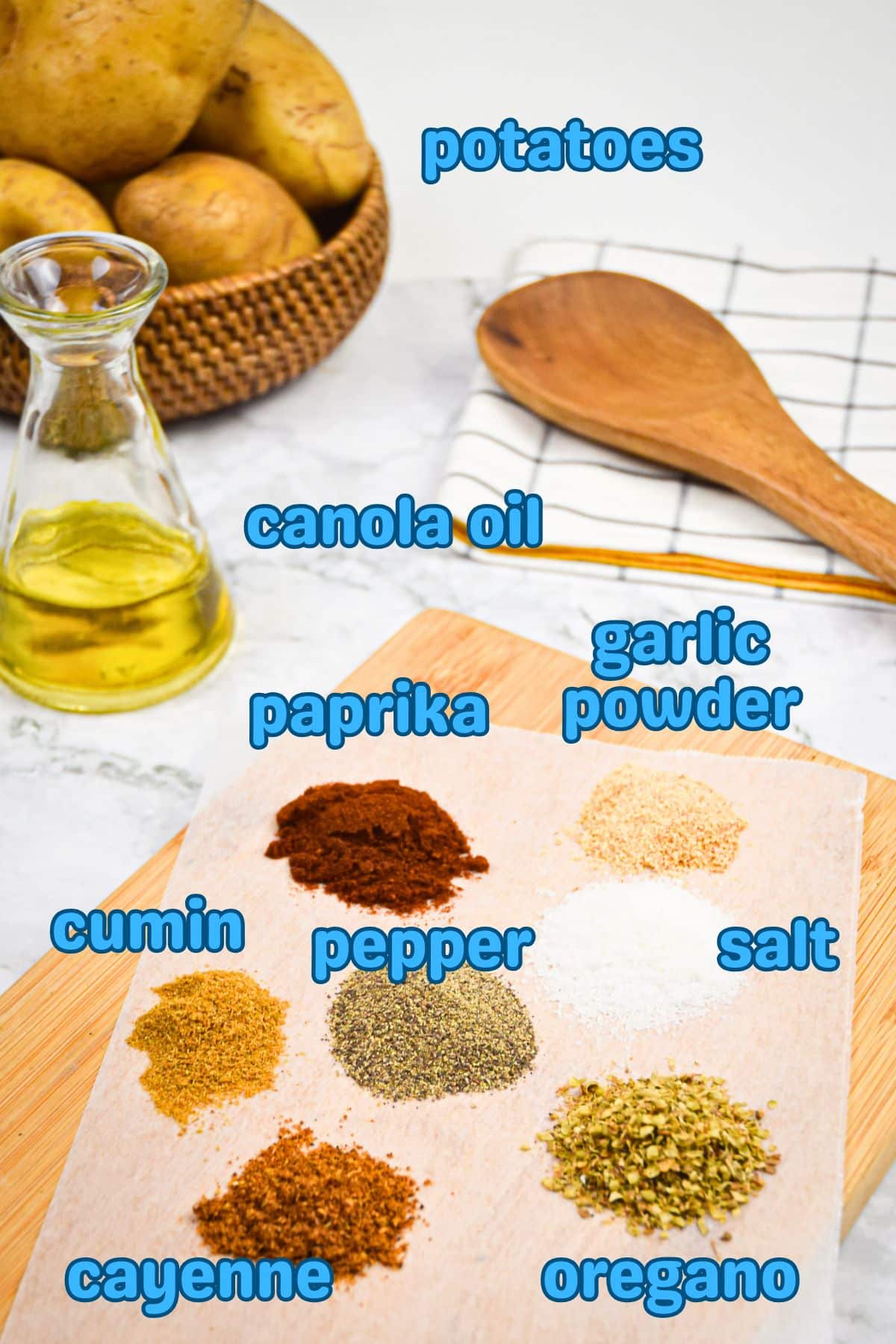 Cajun fries ingredients prepped and labeled.