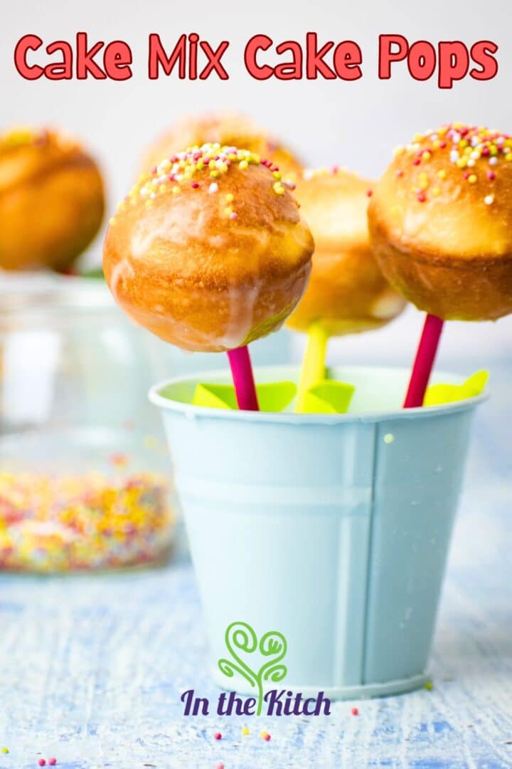 Cake mix cake pops with sprinkles in small, decorative, blue pail.