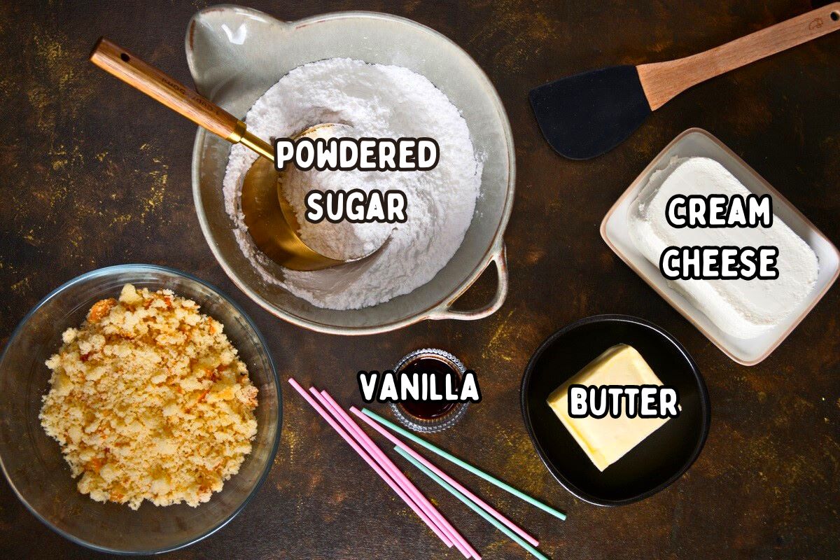 Cake pop frosting ingredients prepped and labeled on brown background.