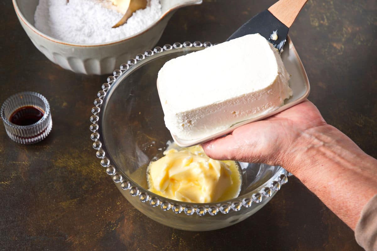 Cream cheese and butter in bowl.