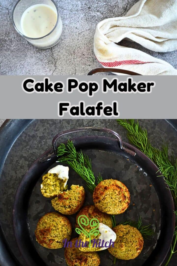 Falafel on plate with fresh dill and text overlay that says 'cake pop maker falafel'.