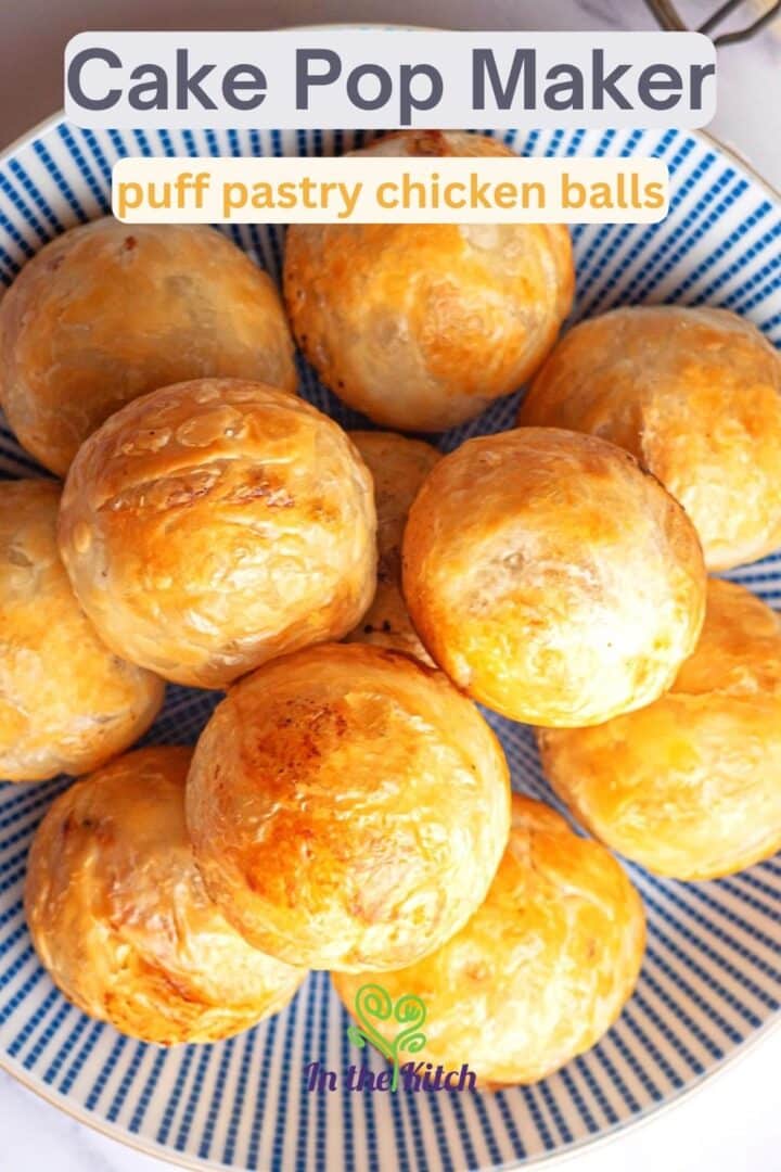Puff pastry chicken balls on blue and white plate.