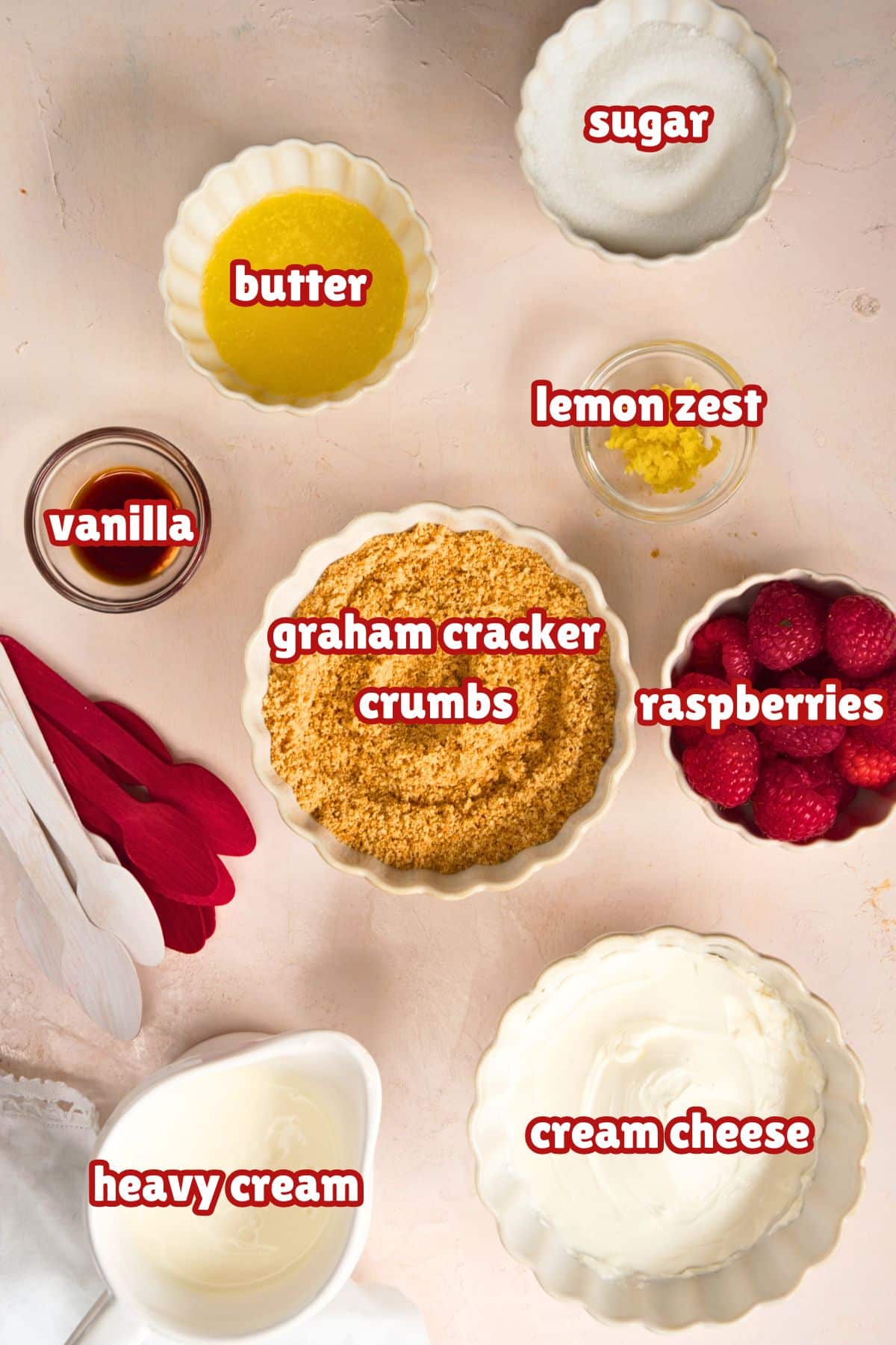 Canada Day raspberry cheesecake in a jar ingredients prepped and labeled.
