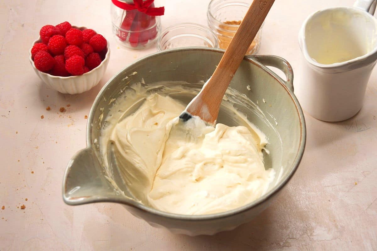 No bake cream cheese mixture in bowl.