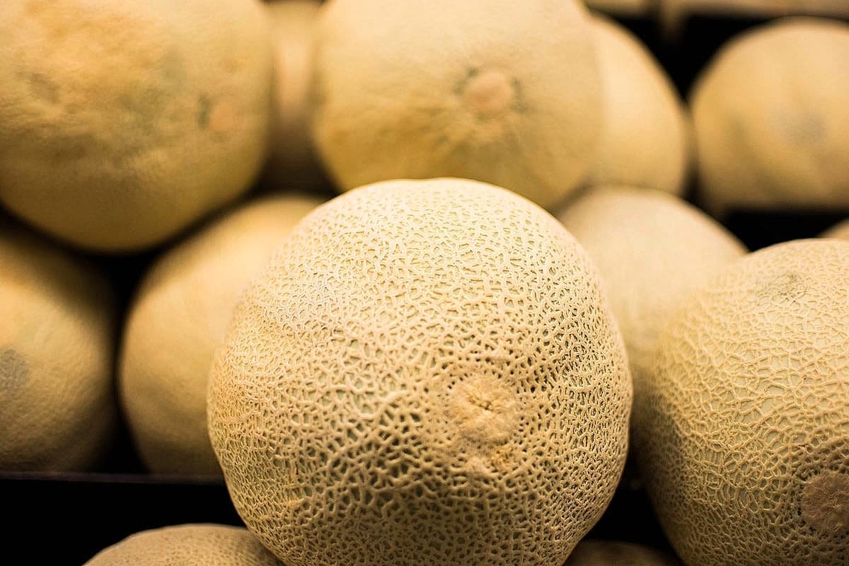 Whole cantaloupe melons.