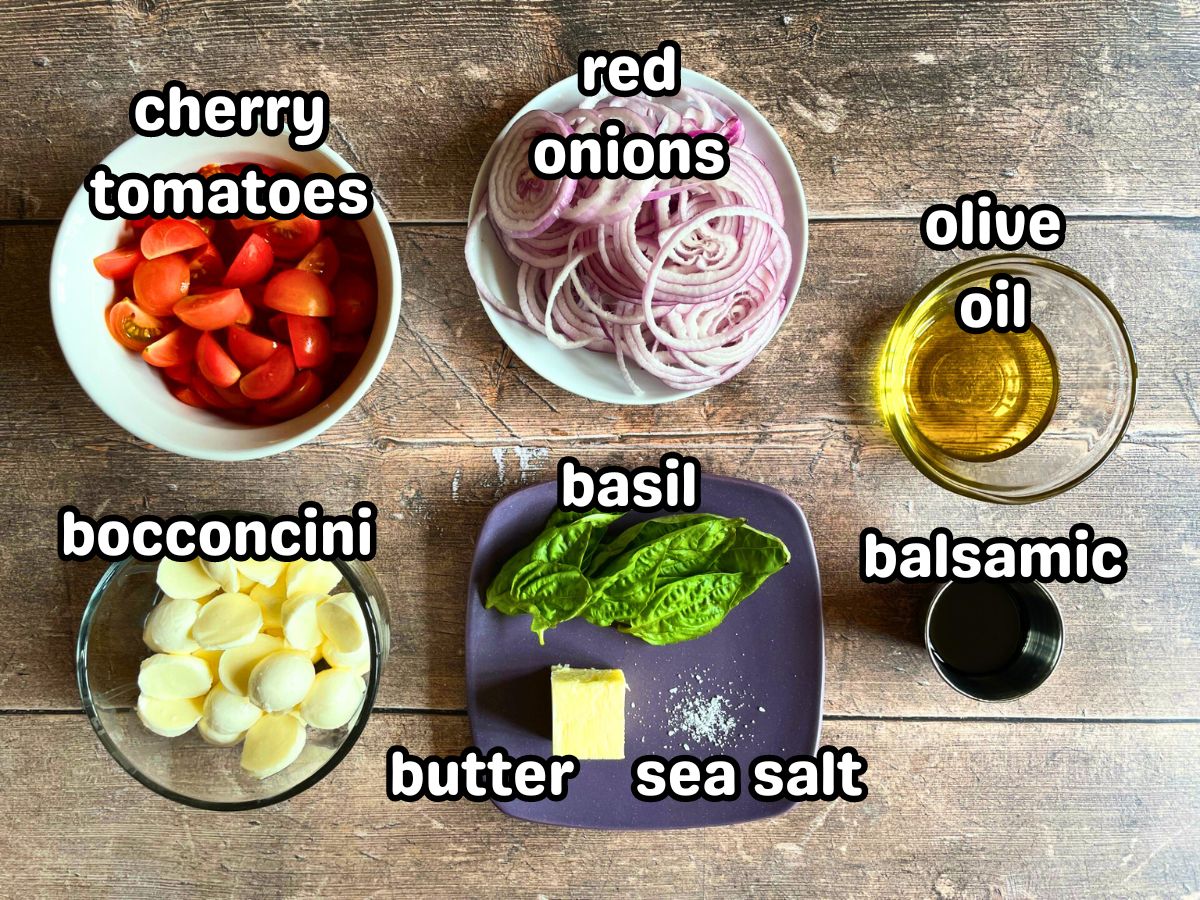 Caprese salad ingredients labeled.