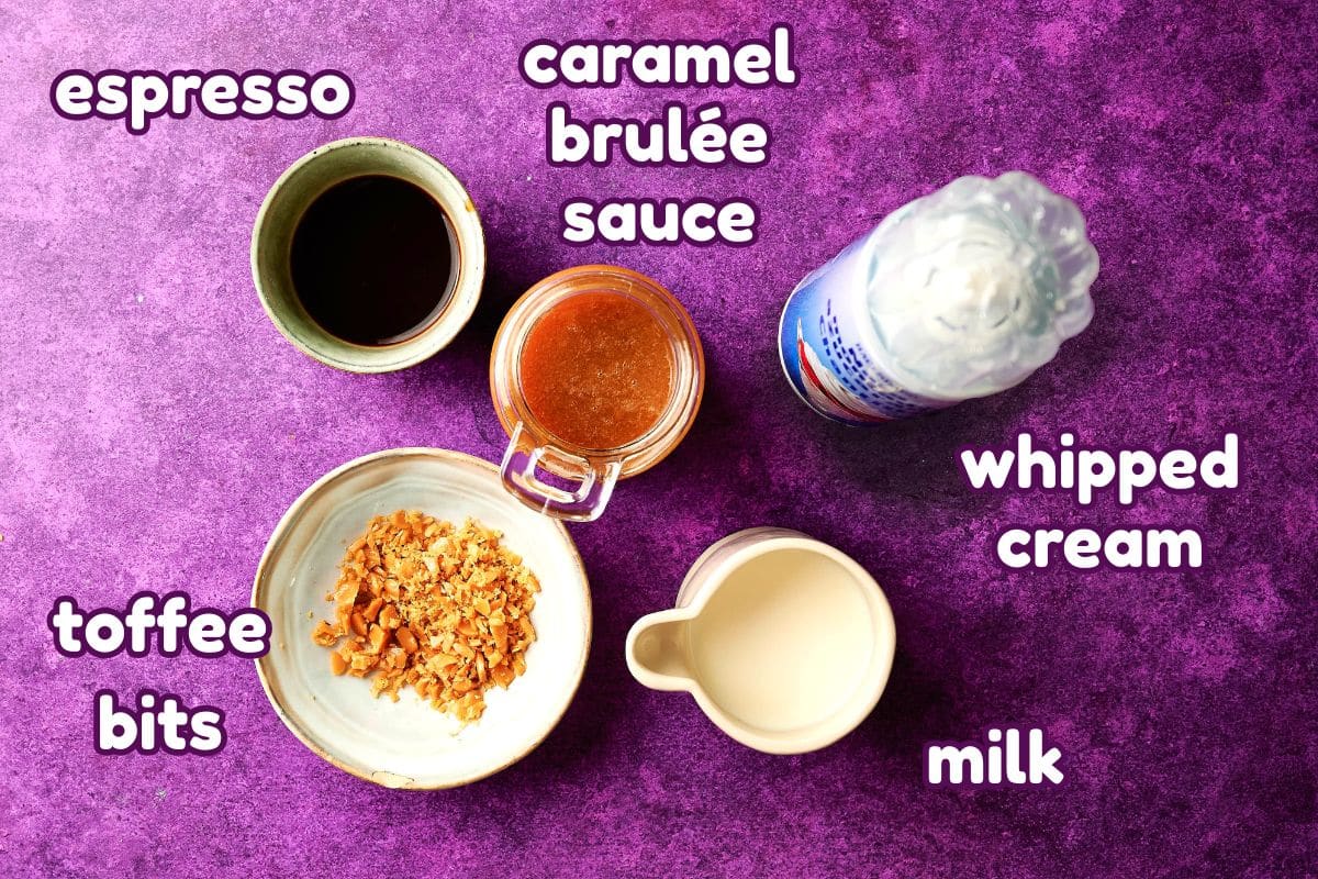 Caramel brulee latte ingredients labeled on purple background.