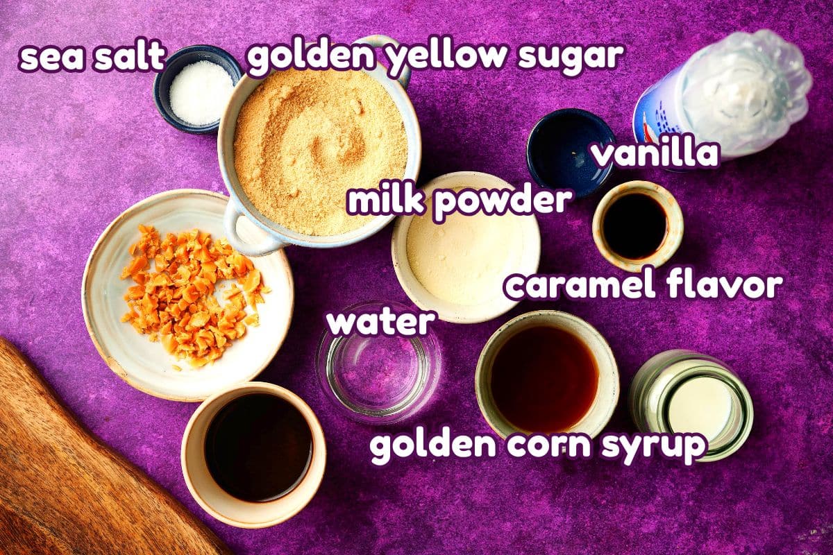 Caramel brulee sauce ingredients labeled on purple background.