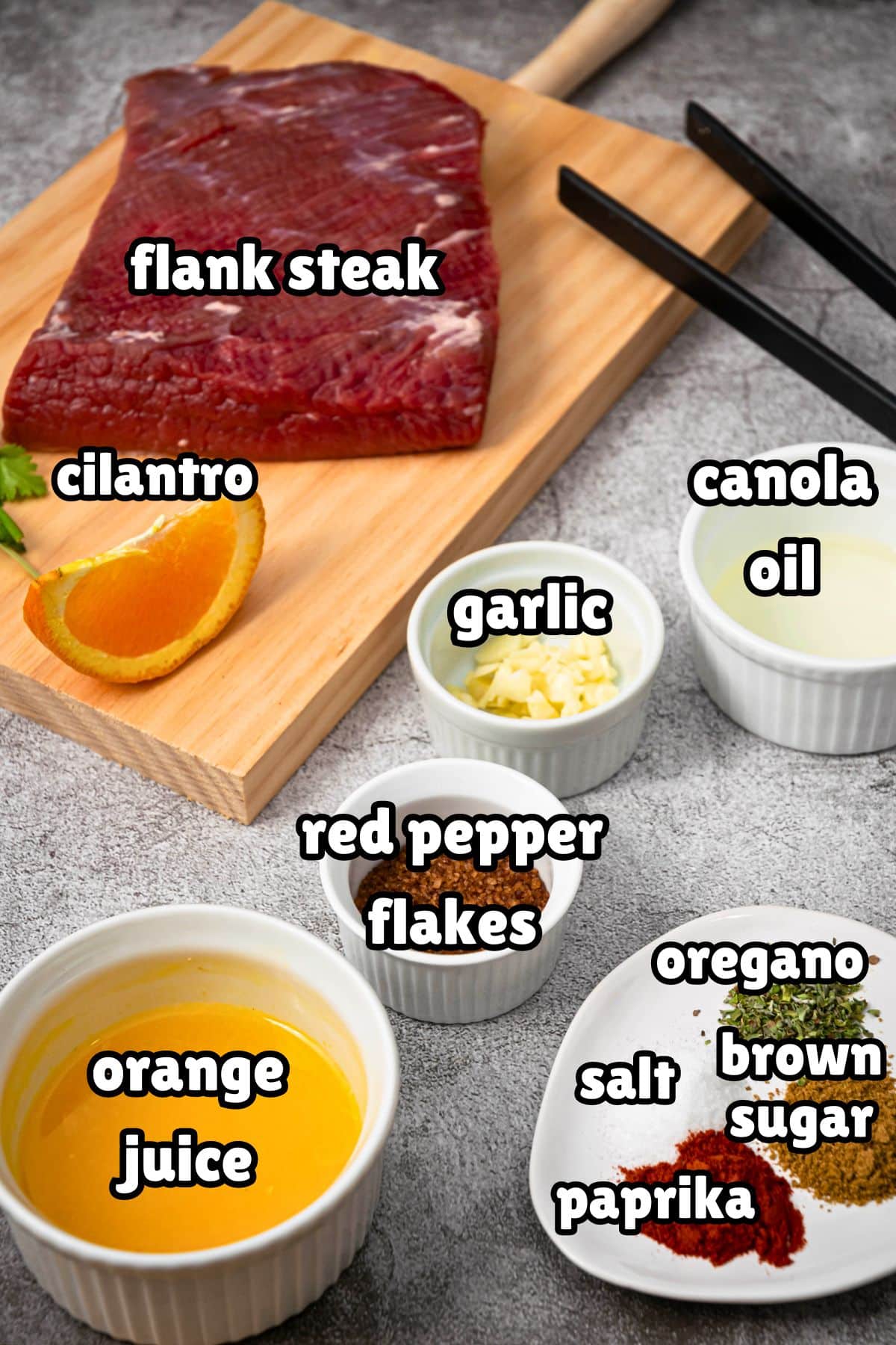 Carne asada ingredients prepped and labeled.