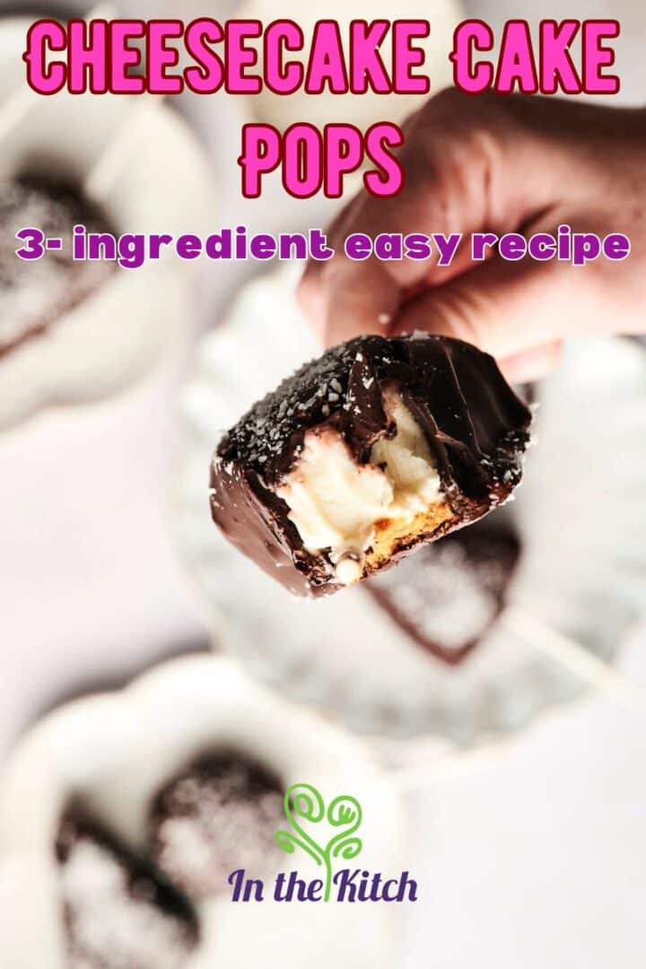 Cheesecake cake pop with bite taken out of it and text overlay.