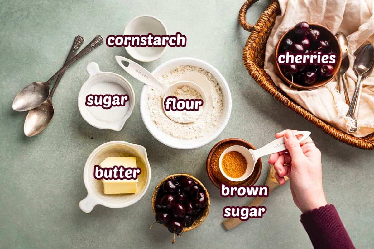 Cherry galette ingredients prepped and labeled.
