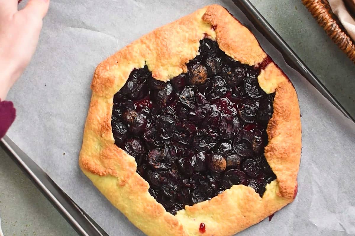Cherry galette on sheet pan.